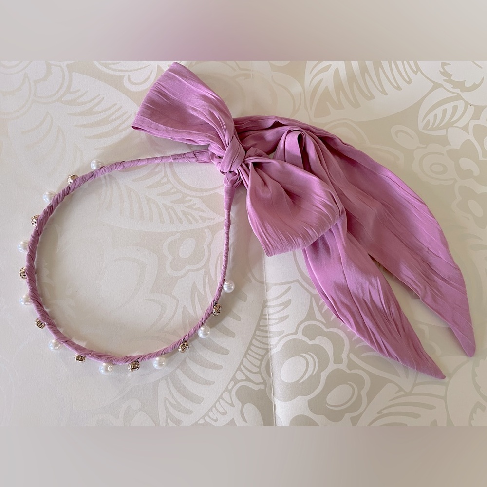 Anthropologie Celia pearl and rhinestone tiara-style bow scarf headband